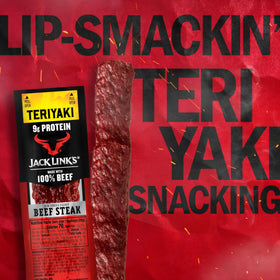 Jack Link's Teriyaki Beef Steaks 12-pack back view, bulk snack option for the week.