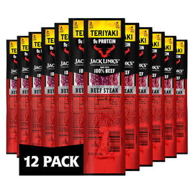 Jack Link's Teriyaki Beef Steaks 12-pack front view for easy on-the-go protein.