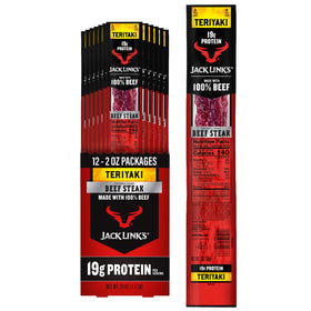Jack Link's Teriyaki Beef Steaks 12-pack front view, convenient protein snack.