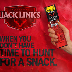 Jack Link's Teriyaki Beef Steaks textured meat close-up for satisfying protein.