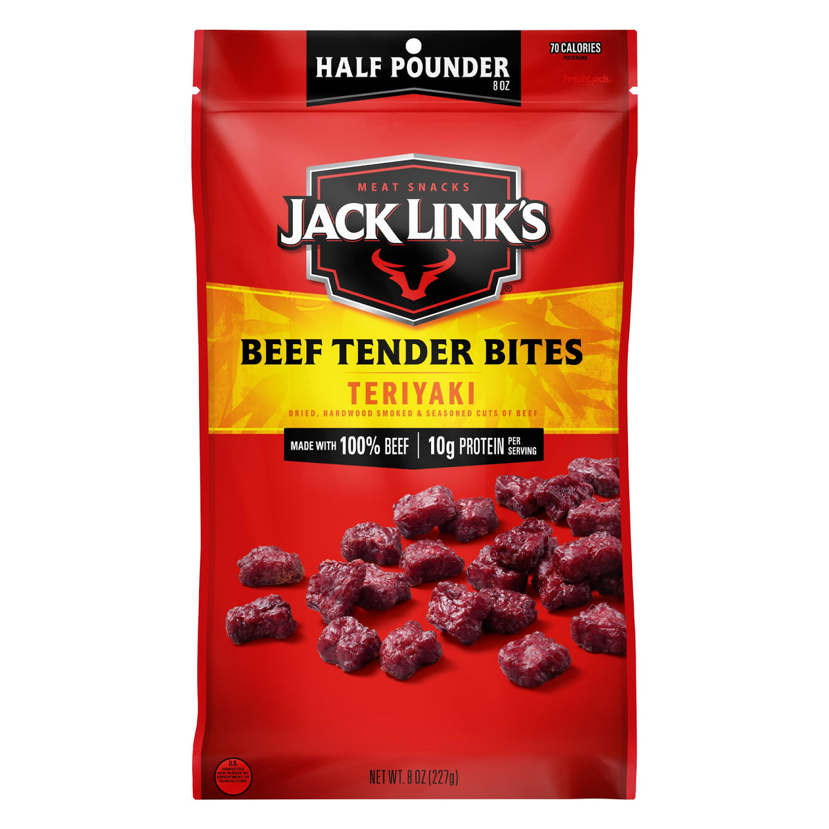 Jack Link's Teriyaki Beef Tender Bites in a resealable half-pound bag for convenient snacking.
