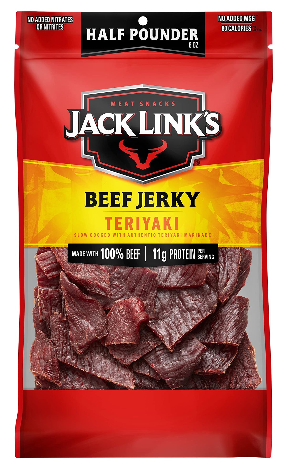 Jack Link's Teriyaki Jerky bag front, a protein-packed on-the-go snack.