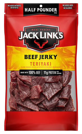 Jack Link's Teriyaki Jerky bag front, a protein-packed on-the-go snack.