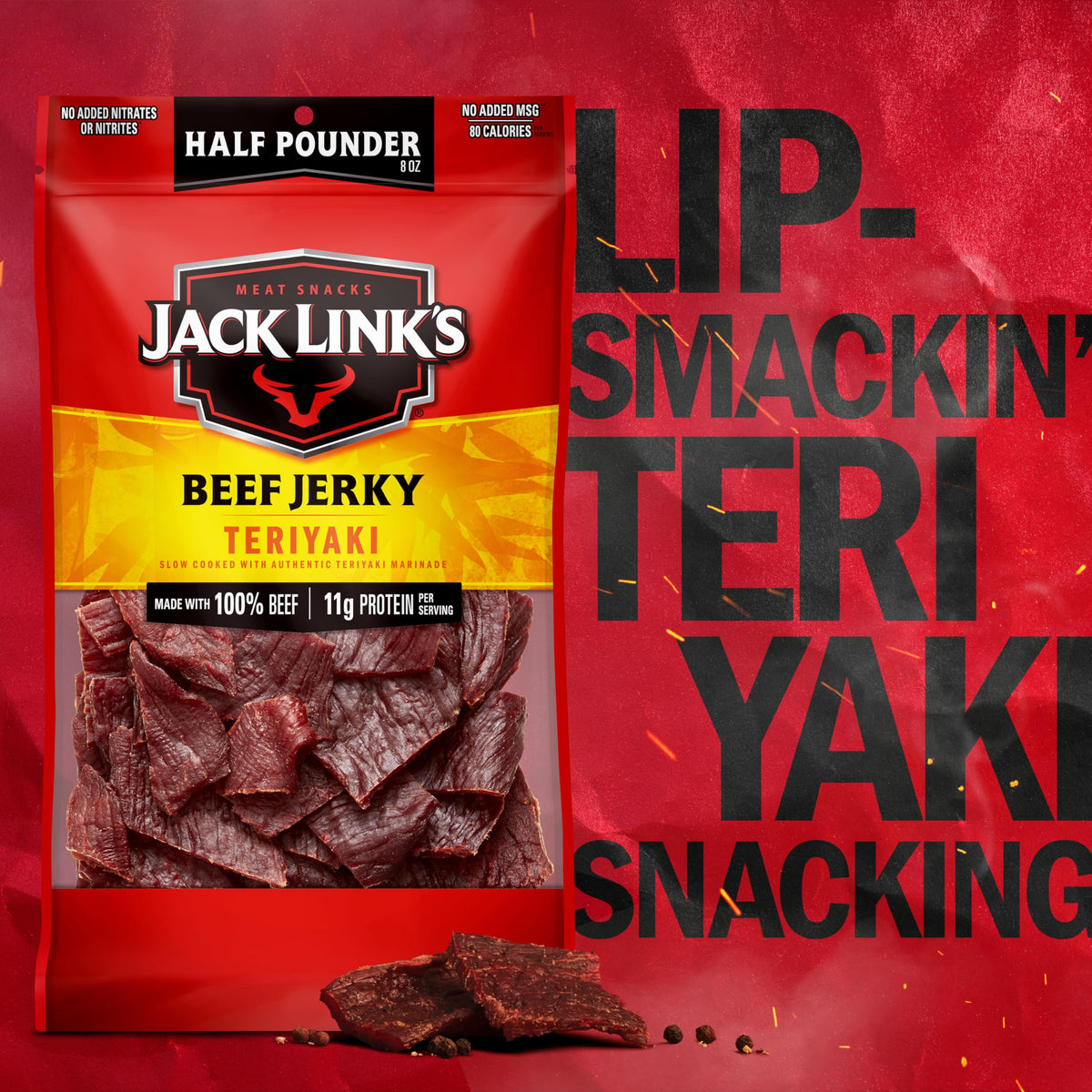Jack Link's Teriyaki Jerky on a hiking trail, portable energy for outdoor adventures.