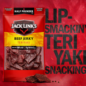 Jack Link's Teriyaki Jerky on a hiking trail, portable energy for outdoor adventures.