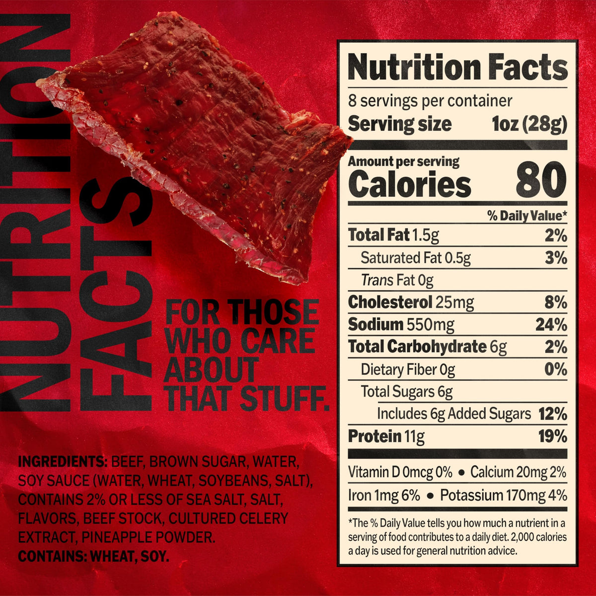 Close-up of Jack Link's Teriyaki Jerky slices showing lean beef and savory glaze for protein.
