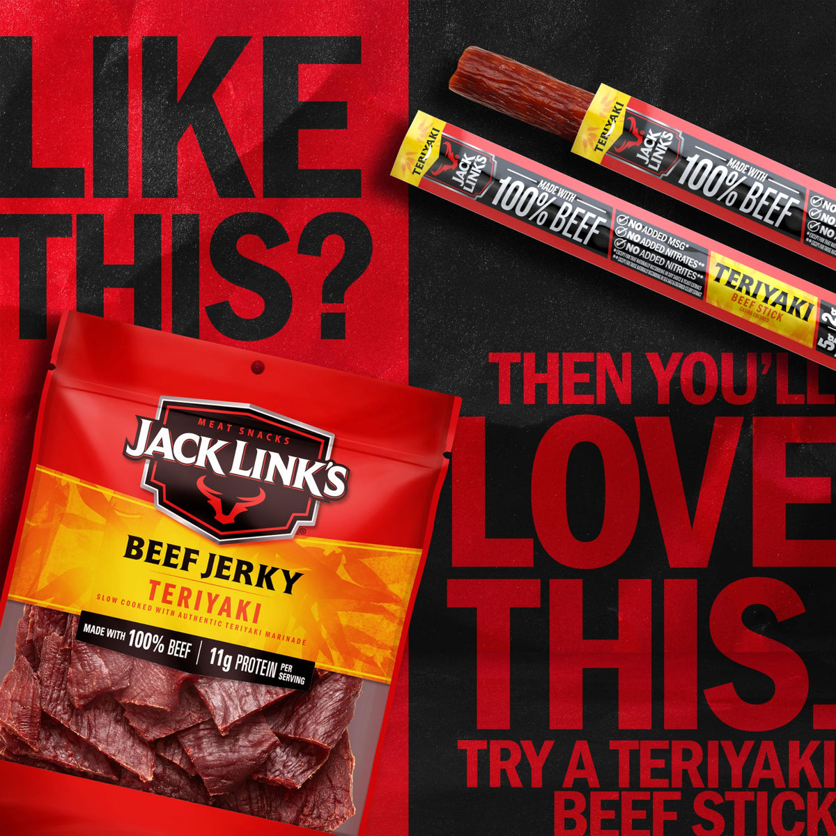 Glazed surface of Jack Link's Teriyaki Jerky after hardwood smoke for rich flavor.