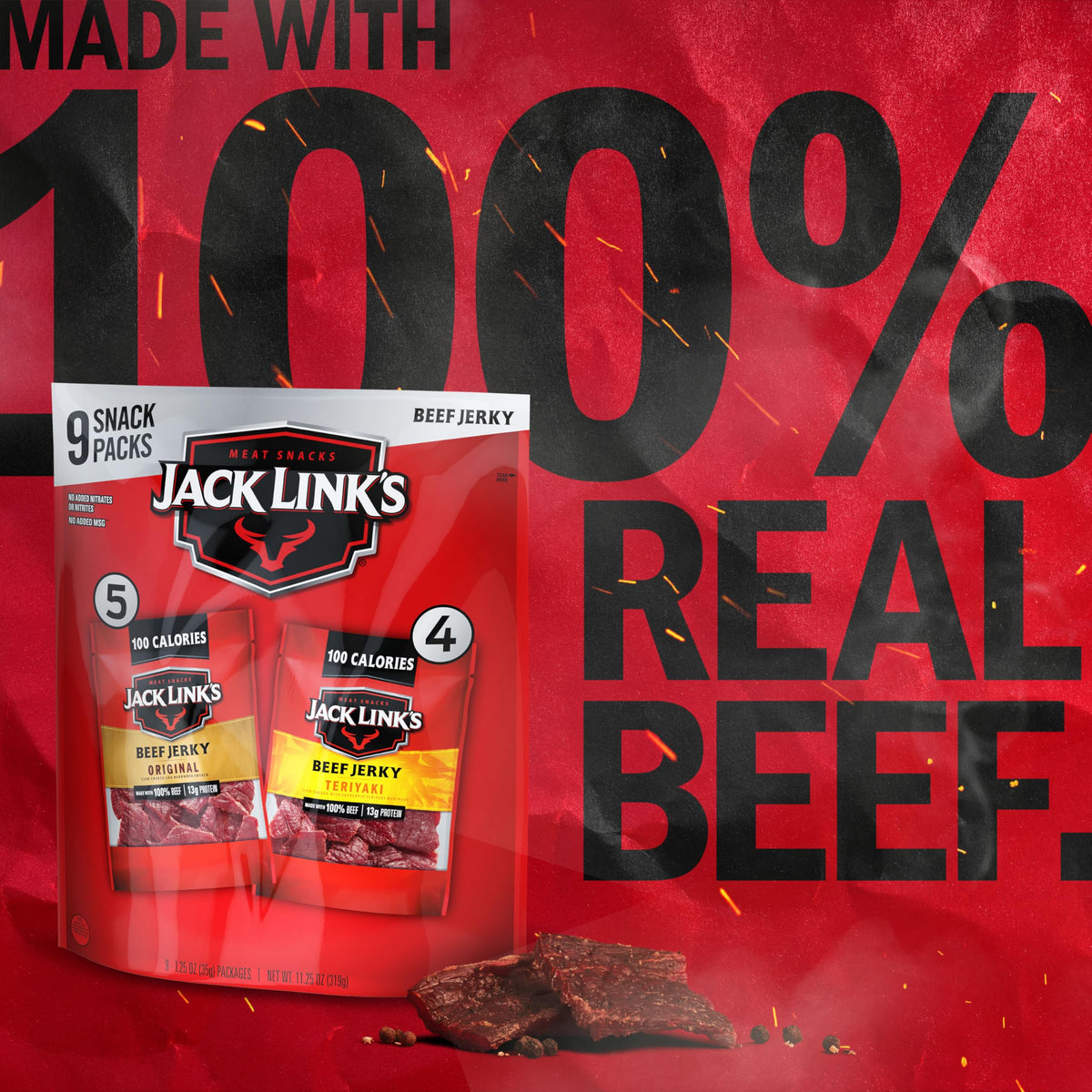 Jack Link's Variety Pack, nine bags aligned, convenient snacks for busy days