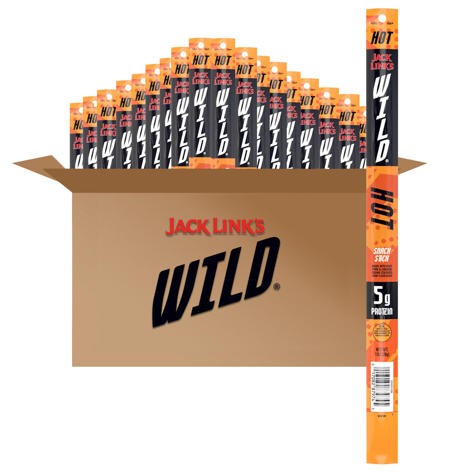 Jack Link's Wild Hot Sticks 20-pack front view highlighting convenience.