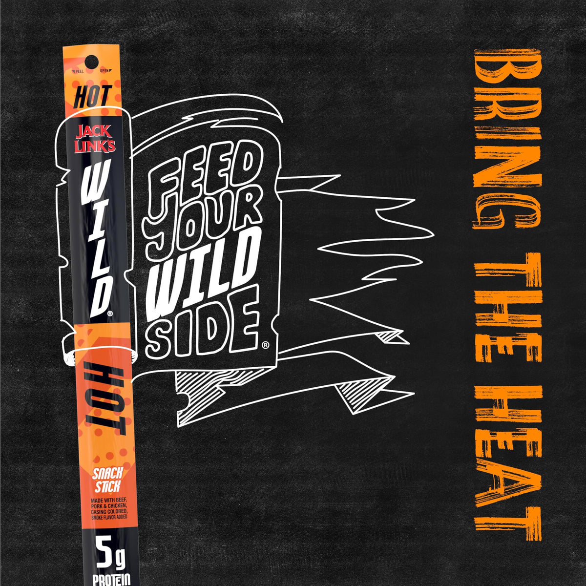 Close-up of Jack Link's Wild Hot Sticks pack showing bold flavor.