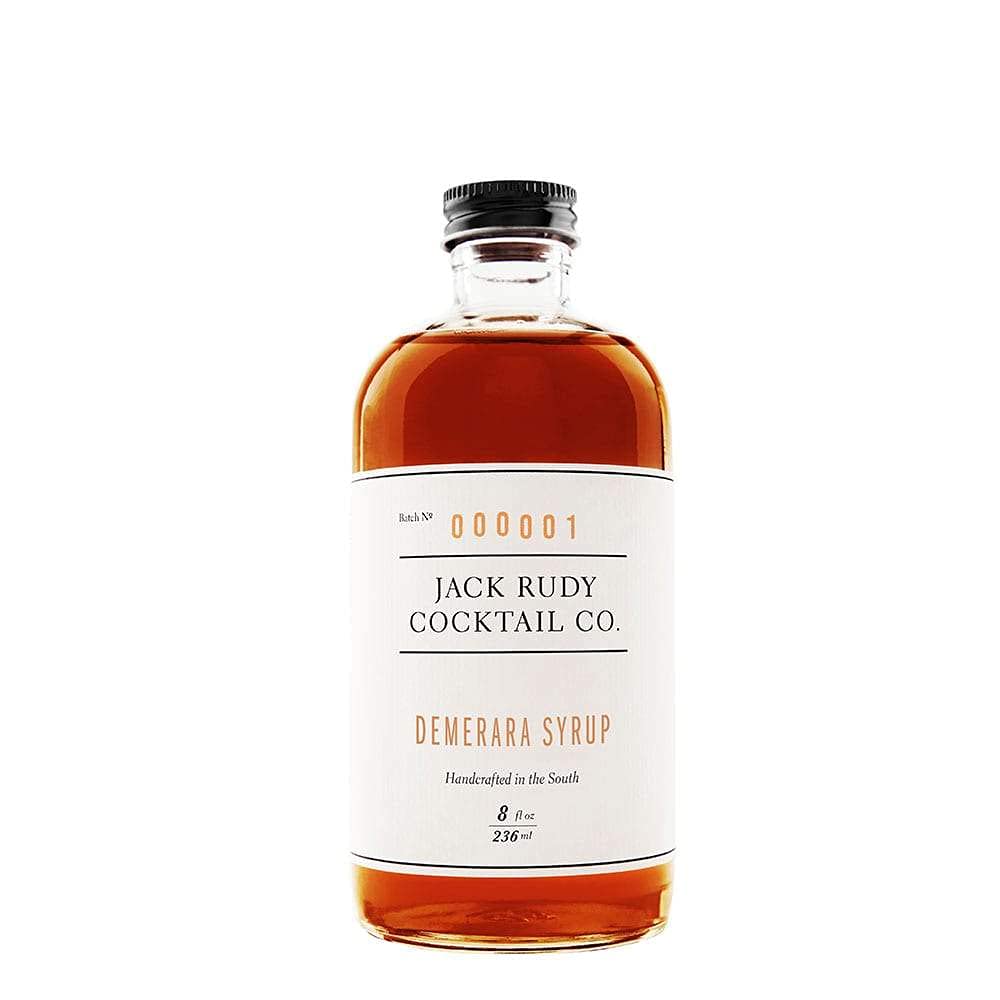 Jack Rudy Demerara Syrup bottle with amber hue enhances cocktails and coffee