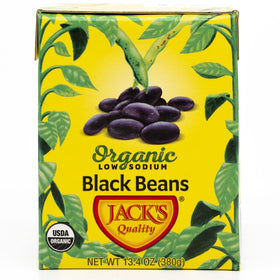 Jack's Quality Organic Black Beans pack back shows organic and Non-GMO certifications.