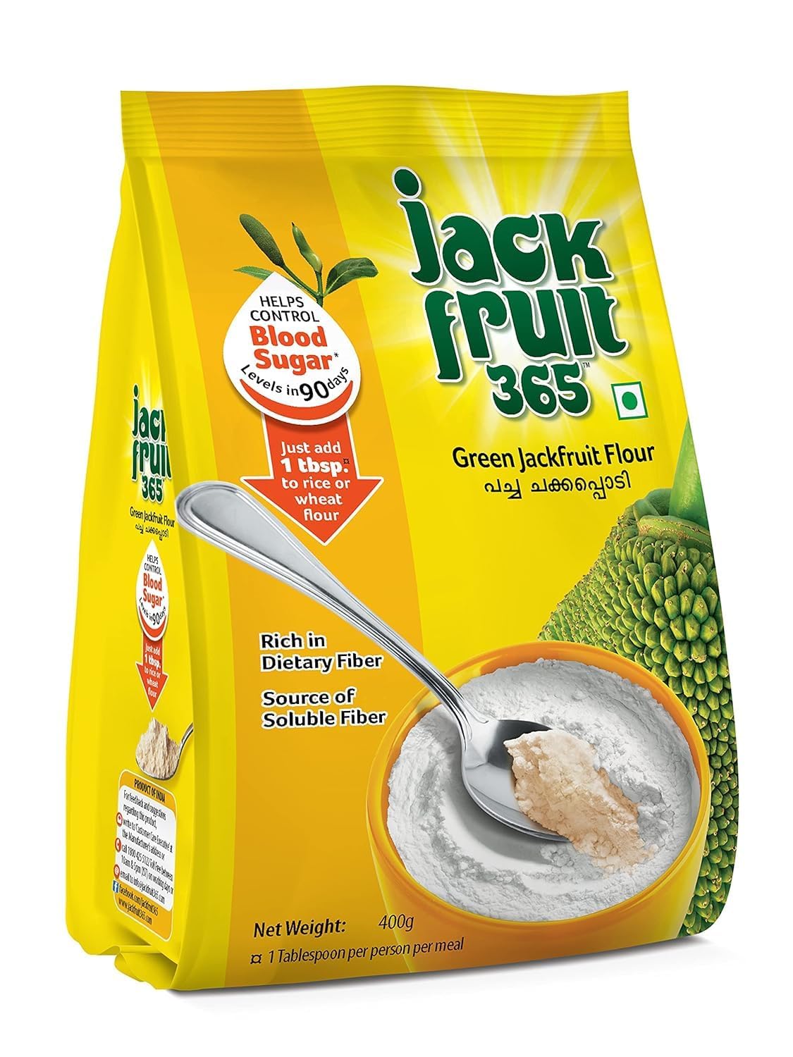 Jackfruit365 Green Jackfruit Flour packaging on shelf, convenient for everyday cooking.