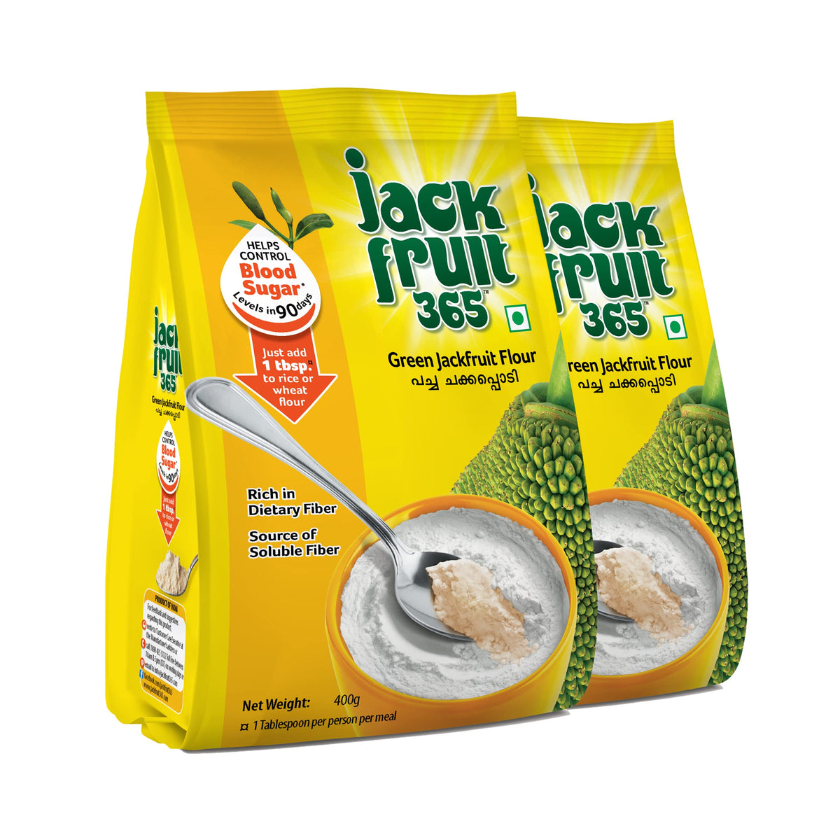Jackfruit365 Green Jackfruit Flour packaging with resealable pouch for easy storage.