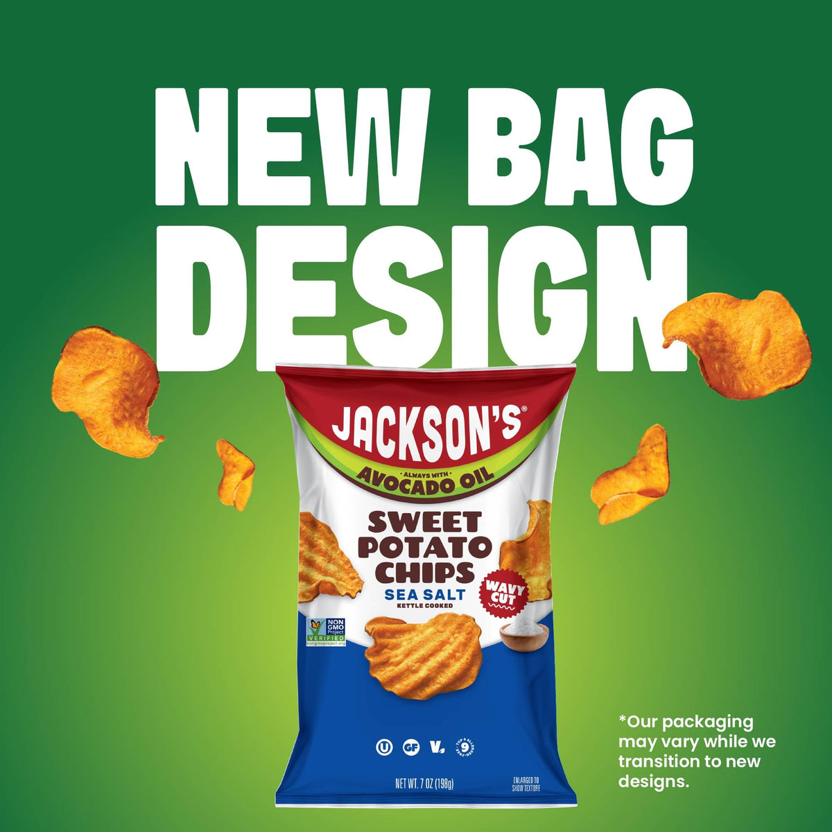 Jackson’s Shark Tank favorite wavy sweet potato chips with bold texture.