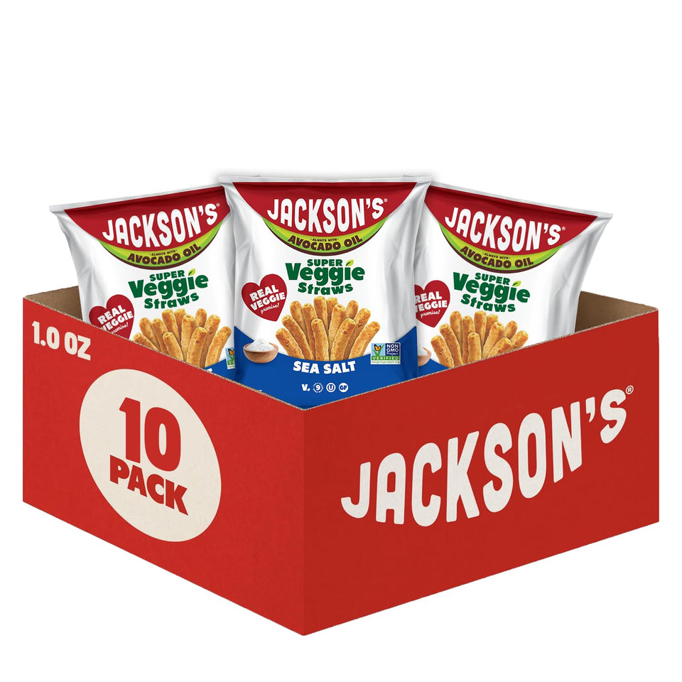 Jackson’s Super Veggie Straws Sea Salt bag showing gluten-free, allergen-friendly veggie crunch.