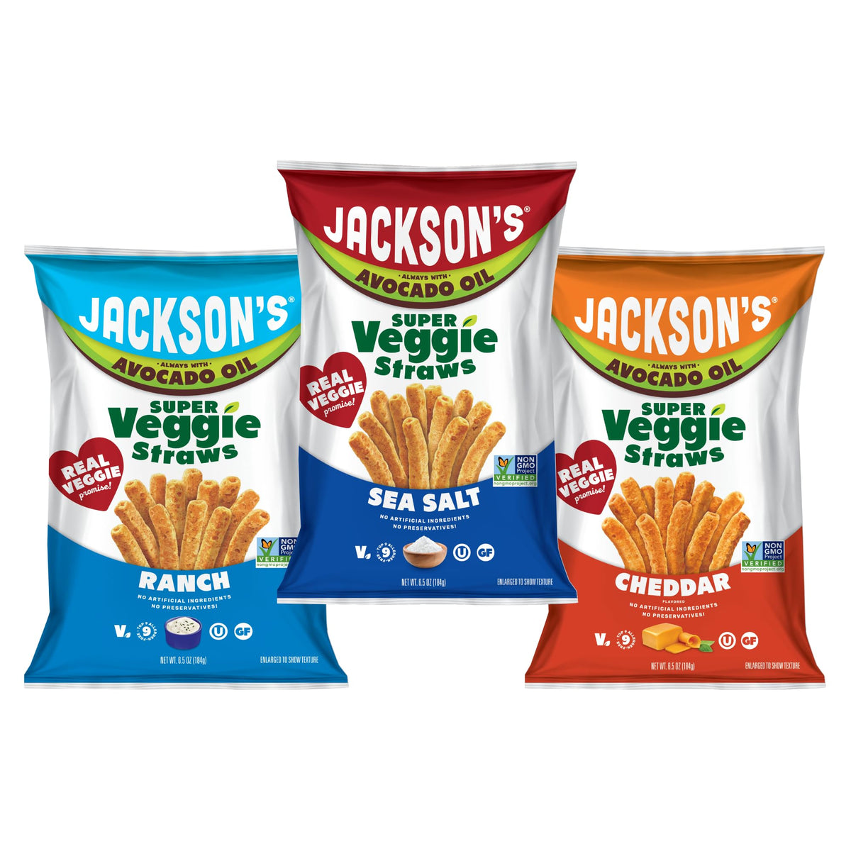 Jackson’s Super Veggie Straws variety-pack pack-shot highlights gluten-free, plant-based snacking.