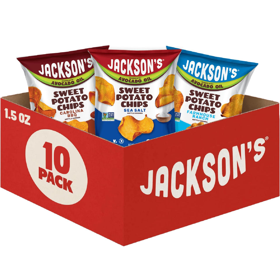 Jackson’s Sweet Potato Chips avocado oil variety pack 10 bags, ready for snacking