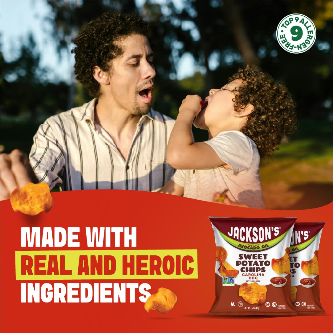 Jackson’s Sweet Potato Kettle Chips avocado oil BBQ flavor close-up, smoky crunch.