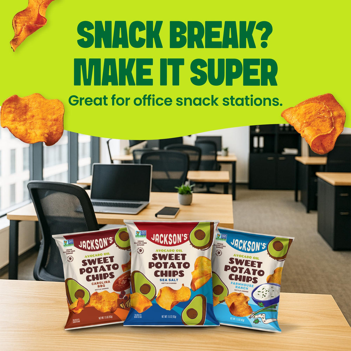 Jackson’s Sweet Potato Kettle Chips avocado oil on-the-go pack for travel.
