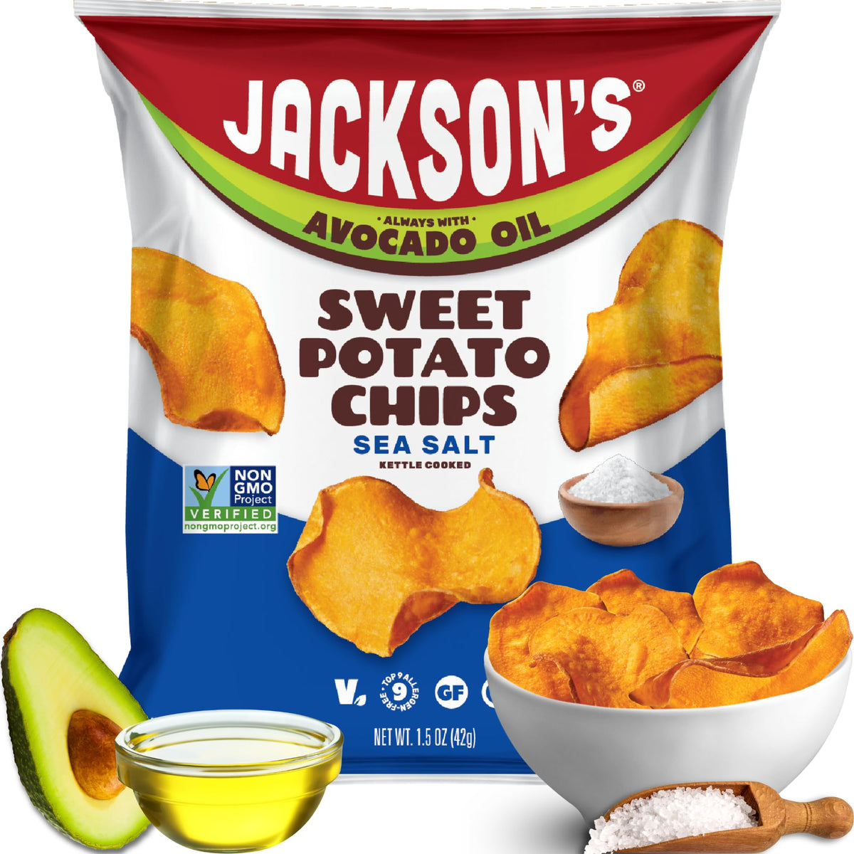 Jackson’s Sweet Potato Kettle Chips avocado oil packaging shows a gluten-free snack option