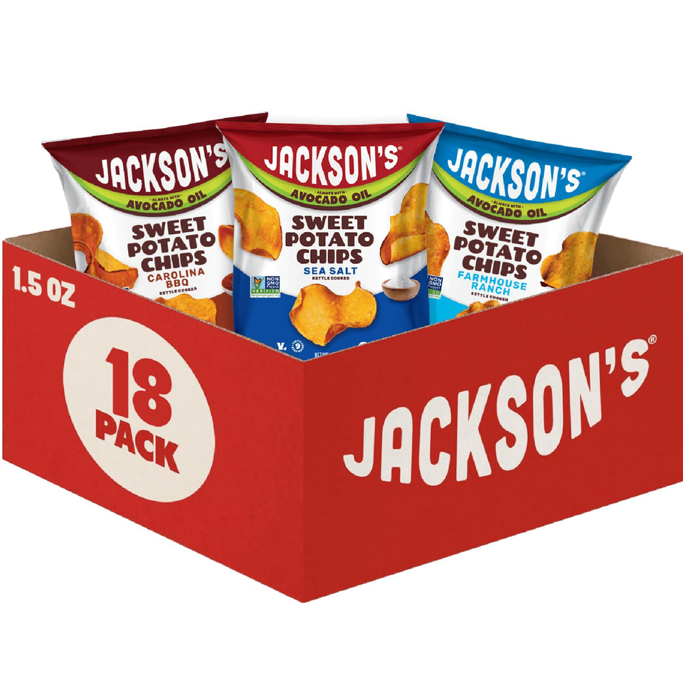 Jackson’s Sweet Potato Kettle Chips avocado oil sea salt, on-the-go snack.