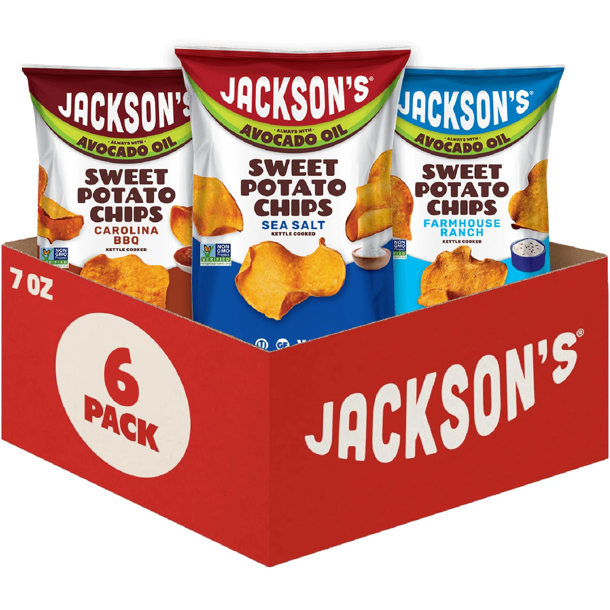 Jackson’s Sweet Potato Kettle Chips variety pack box for on-the-go snacking.