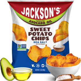 Jackson's Sweet Potato Kettle Chips sea salt bag closeup, crispy avocado-oil snack.