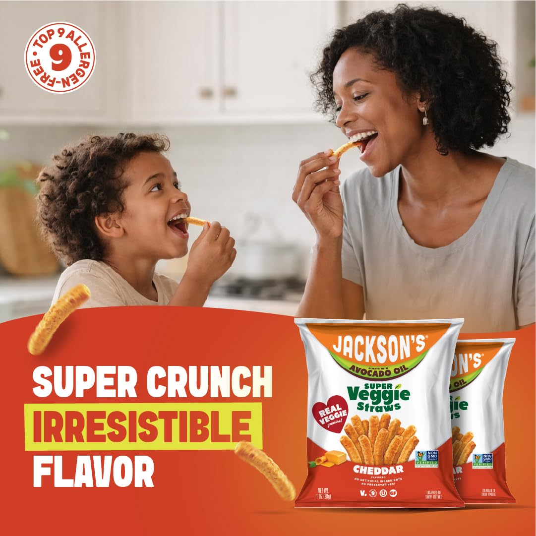 Jackson’s Super Veggie Straws cheddar on shelf, pantry-friendly snack