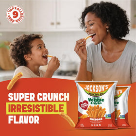 Jackson’s Super Veggie Straws cheddar on shelf, pantry-friendly snack