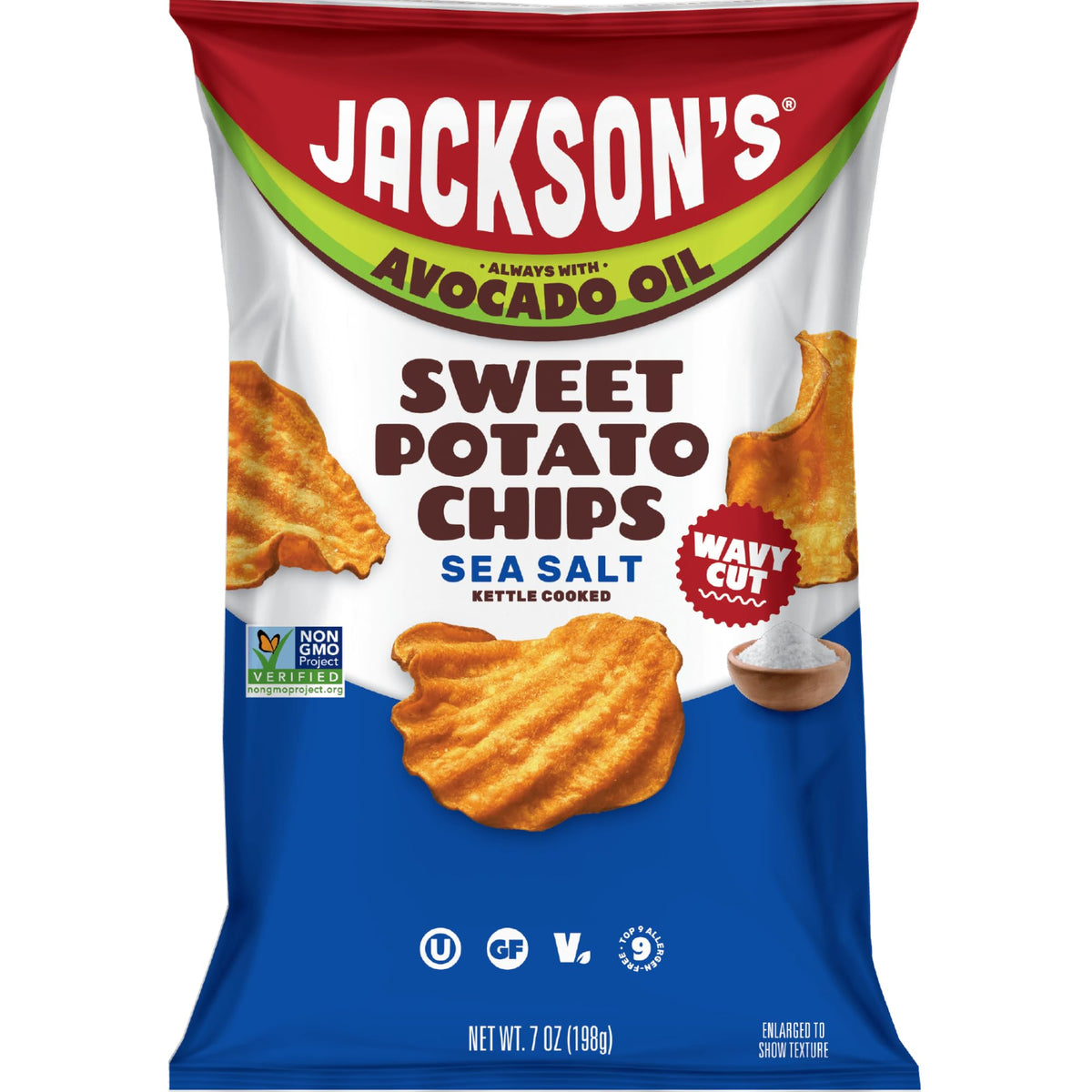 Jackson’s Wavy Sea Salt Sweet Potato Chips with avocado oil, perfect for dipping and sharing.