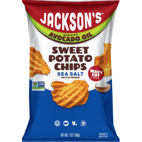 Jackson’s Wavy Sea Salt Sweet Potato Chips with avocado oil, perfect for dipping and sharing.