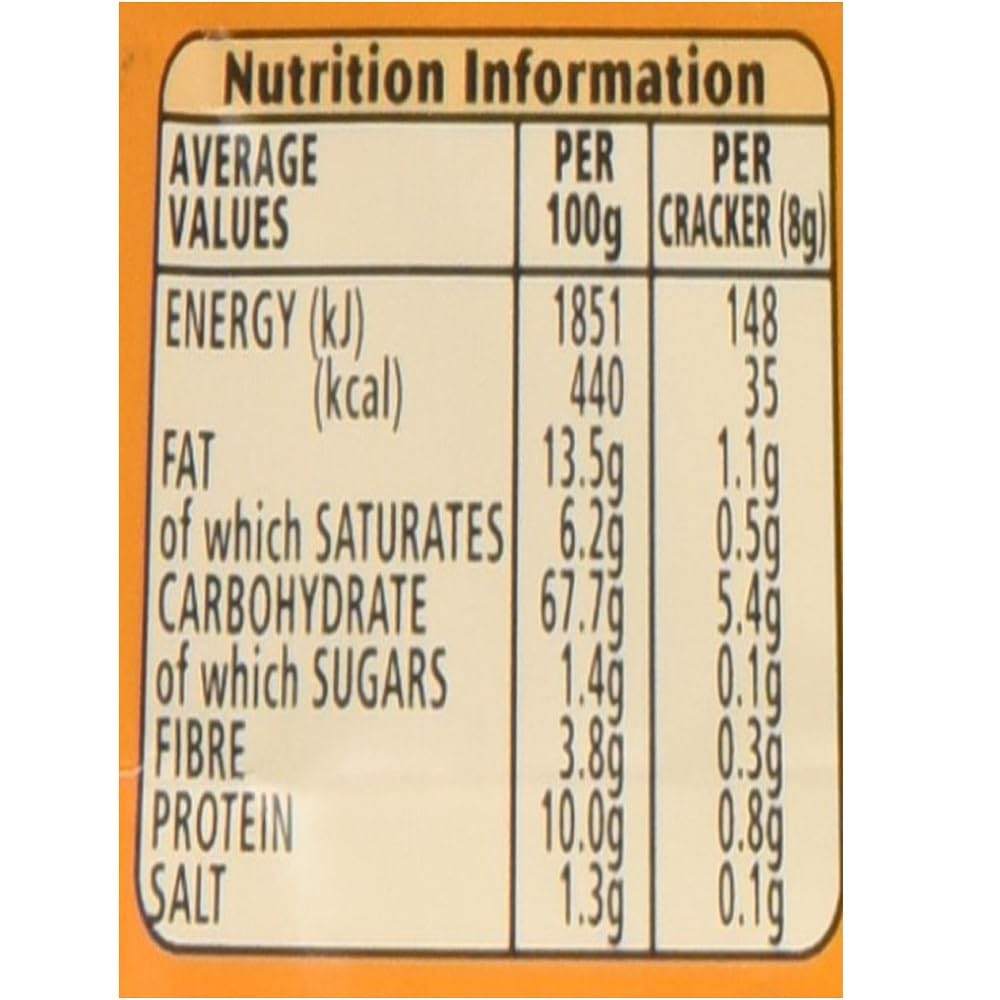 Jacob's Cream Crackers nutrition label shown for quick reference.