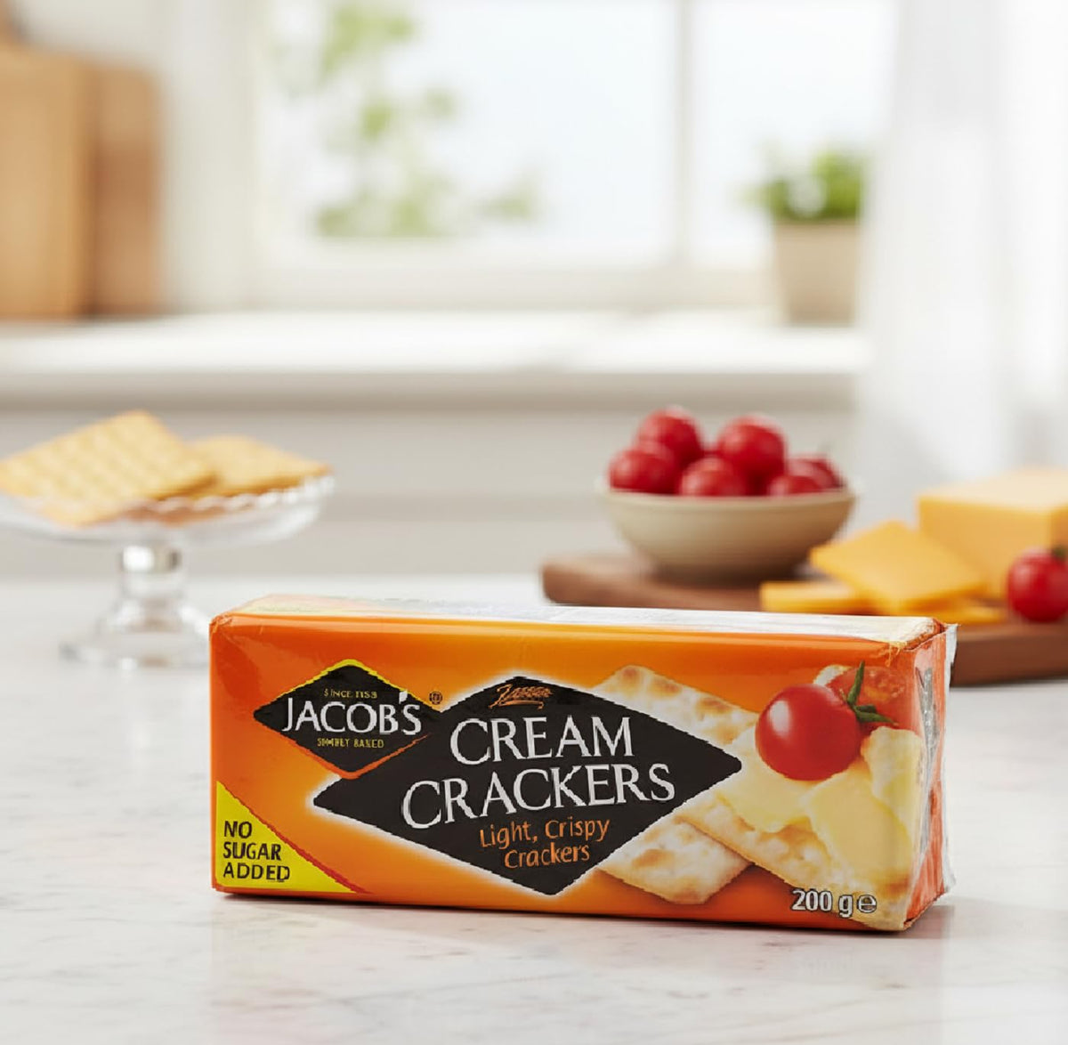 Jacob's Cream Crackers shown with tea-time setup for easy snacking.