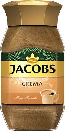Jacobs Crema Gold instant coffee jar with rich aroma for everyday cups.