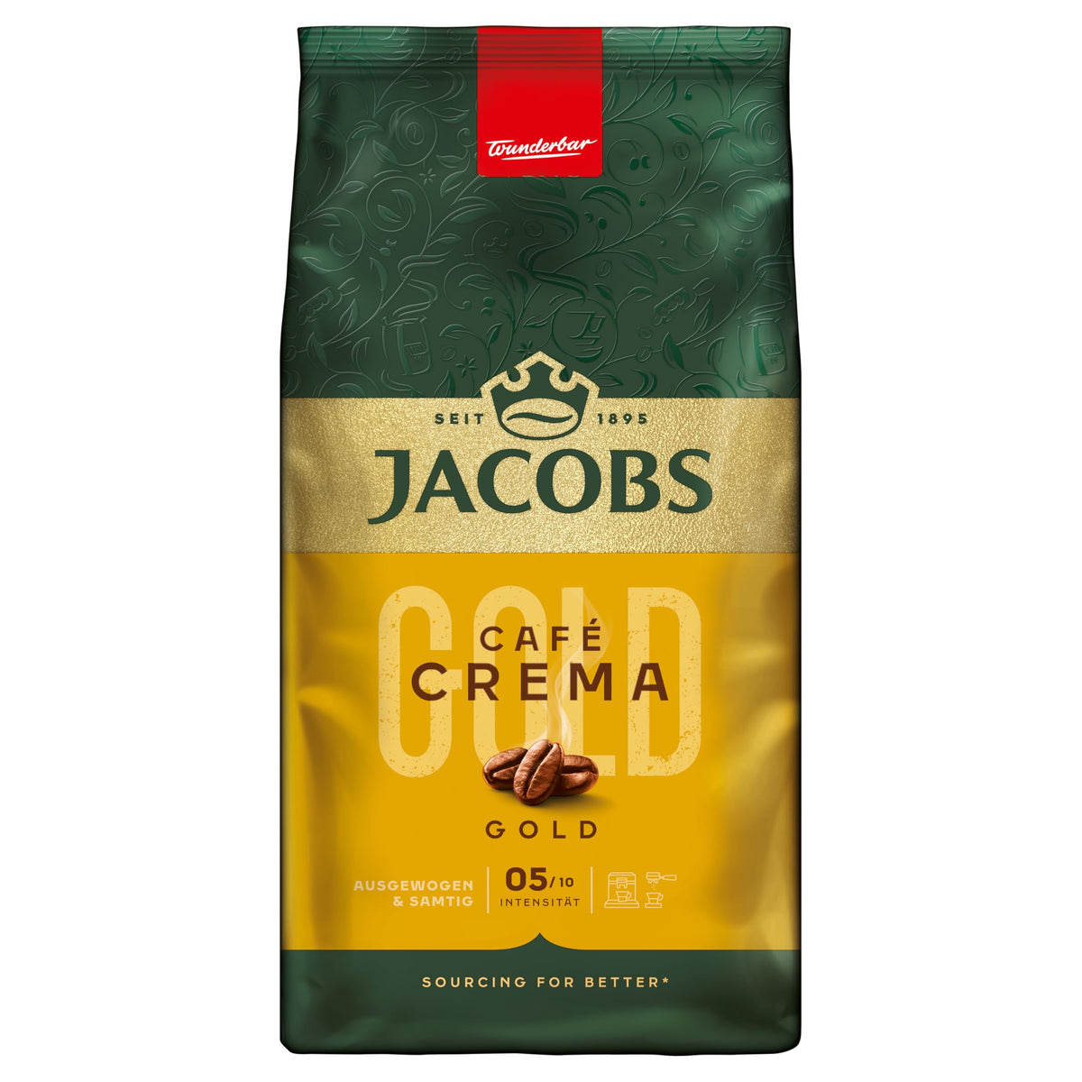 Jacobs Crema whole bean coffee front of 1000g bag with branding
