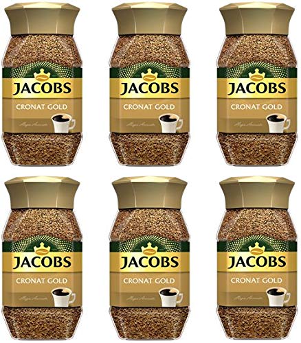 Jacobs Cronat Gold jar 6-pack shown for quick coffee at home or office.