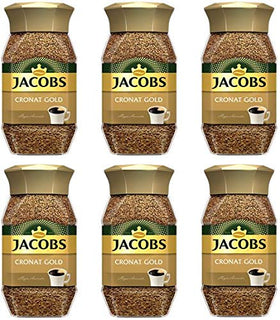 Jacobs Cronat Gold jar 6-pack shown for quick coffee at home or office.