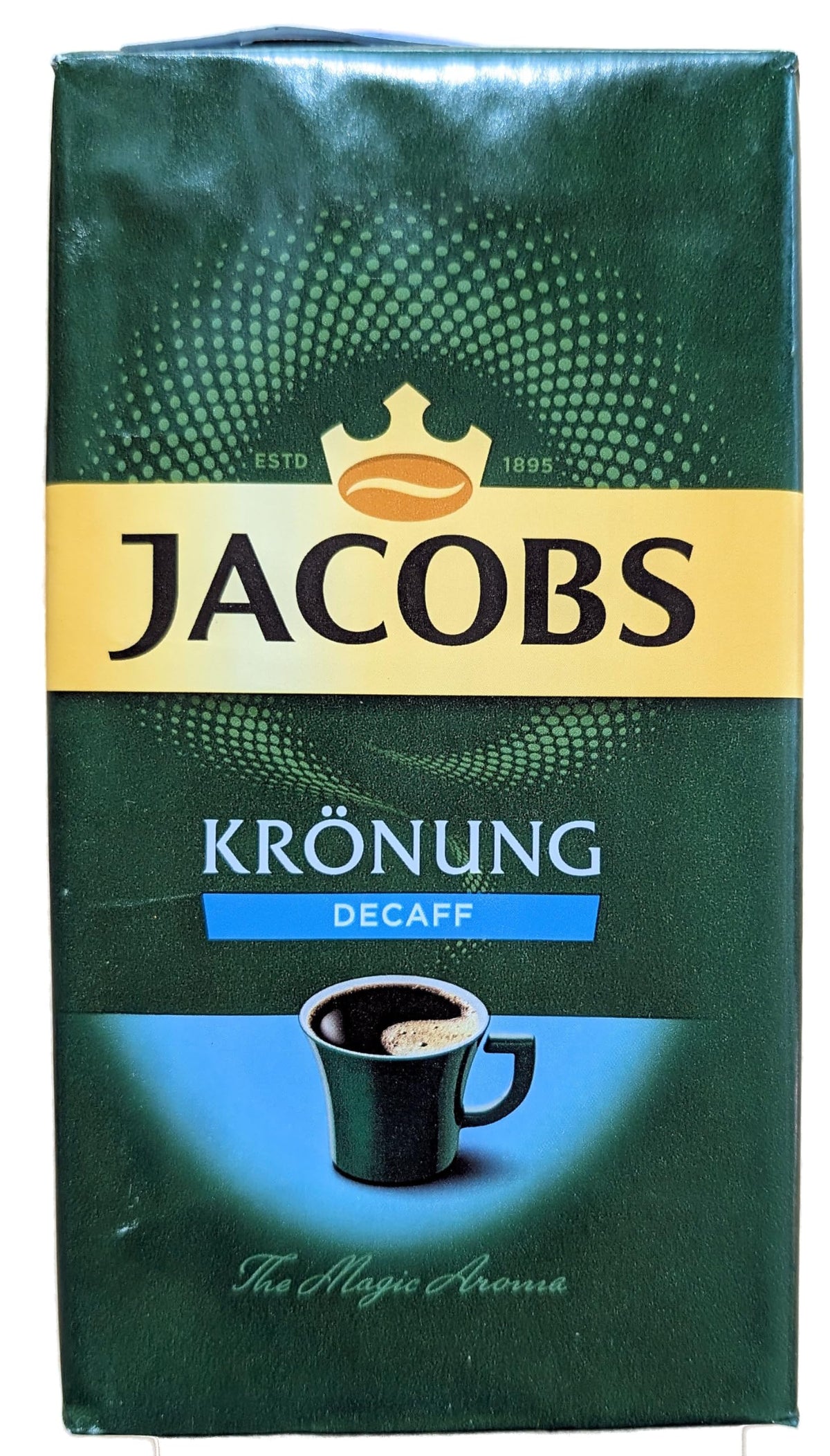 Jacobs Kronung Decaf Ground Coffee 250g bag back side showing weight and decaf details.