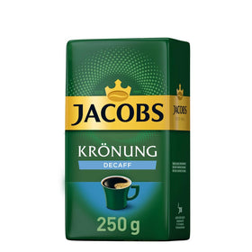 Jacobs Kronung Decaf Ground Coffee 250g bag front view for quiet evening brew.