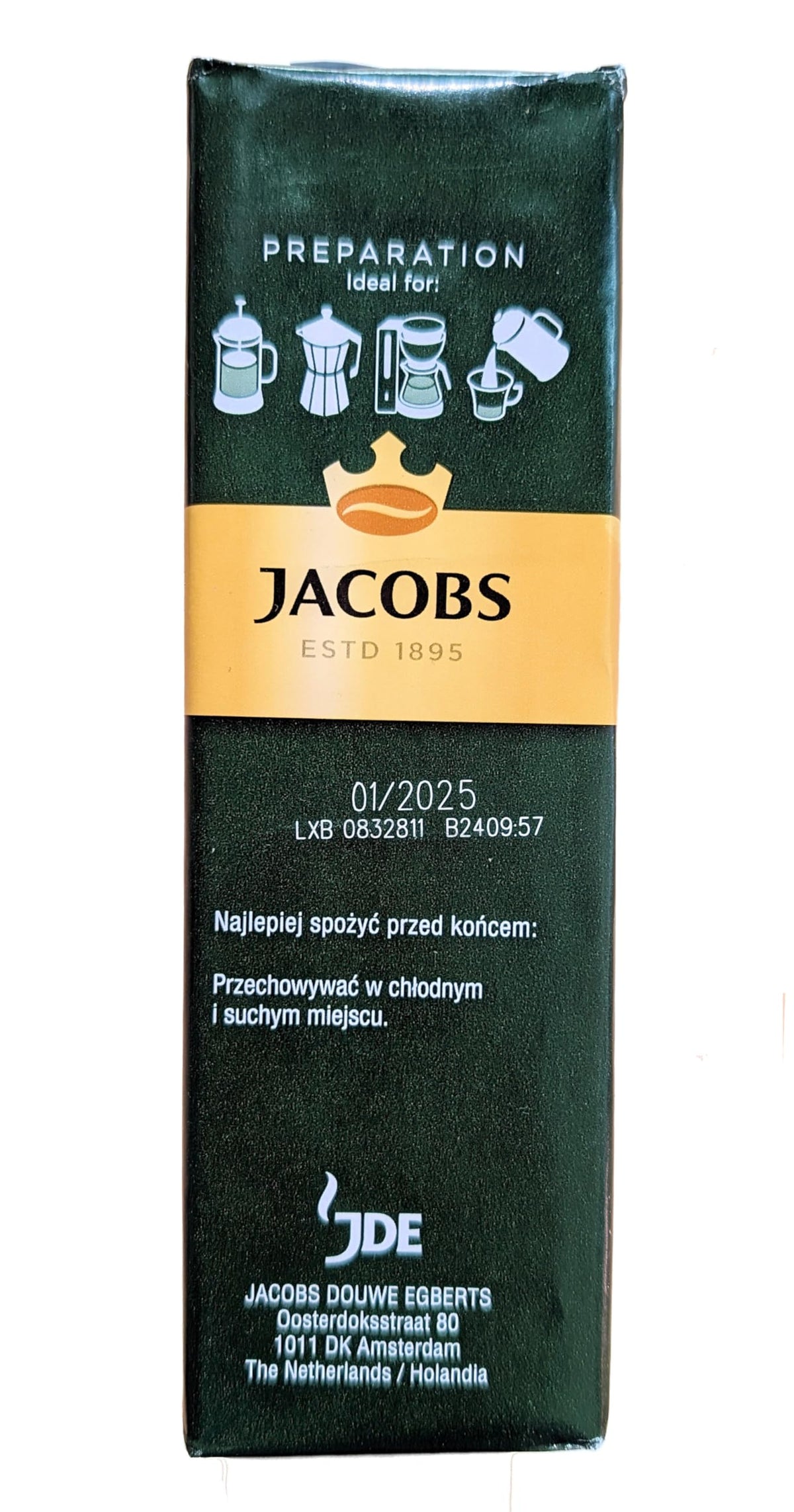 Jacobs Kronung Decaf Ground Coffee 250g packaging detail emphasizes Dutch heritage.