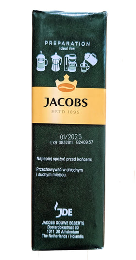 Jacobs Kronung Decaf Ground Coffee 250g packaging detail emphasizes Dutch heritage.