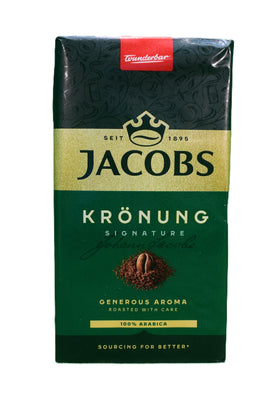 Jacobs Kronung ground coffee bag close-up showcases rich aroma for daily brews.