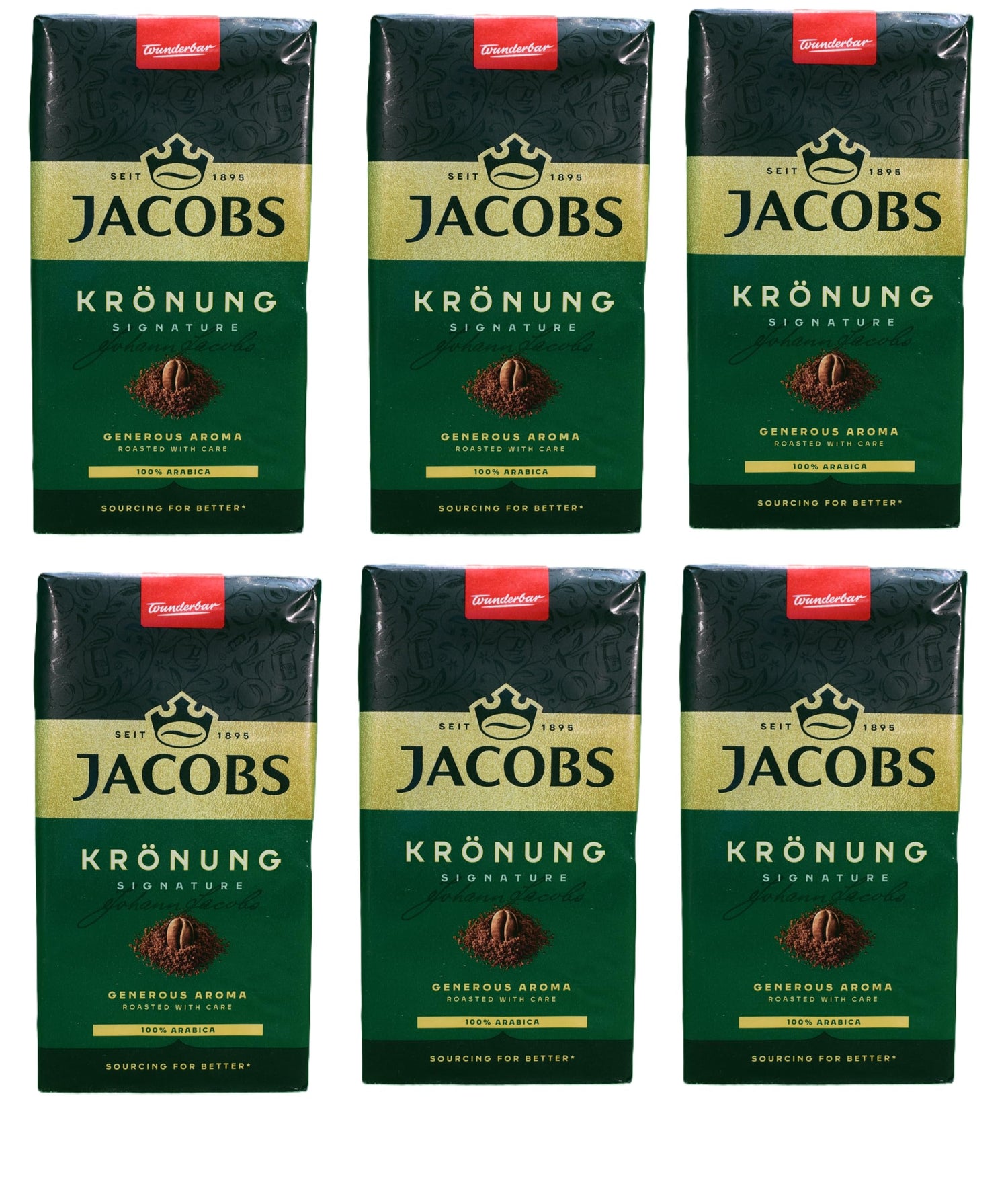 Jacobs Kronung ground coffee pack shot highlights premium beans for a smooth brew.