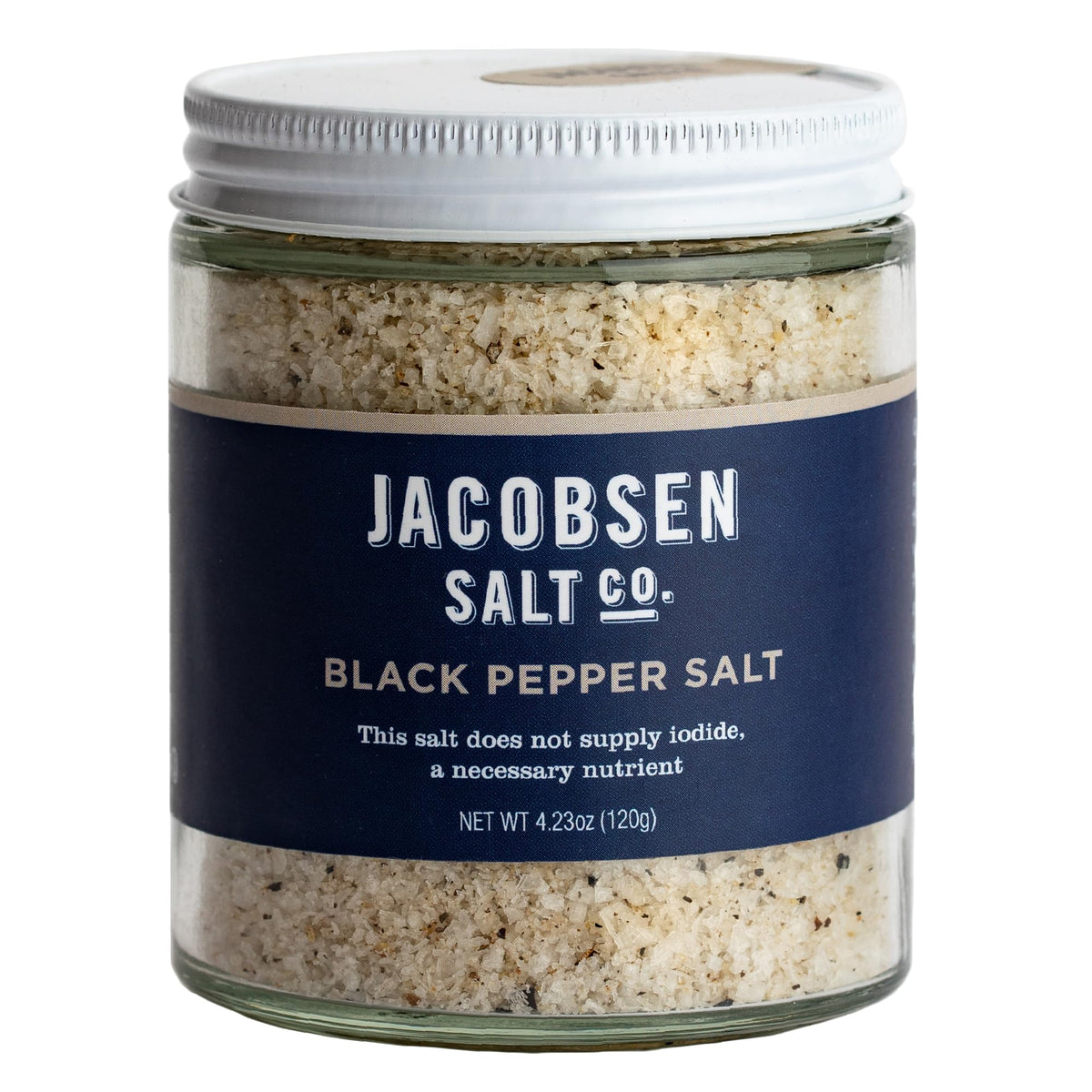 Jacobsen Salt Co. Black Pepper Salt bottle with Tellicherry peppercorns for bold flavor.