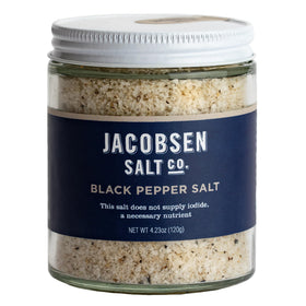 Jacobsen Salt Co. Black Pepper Salt bottle with Tellicherry peppercorns for bold flavor.
