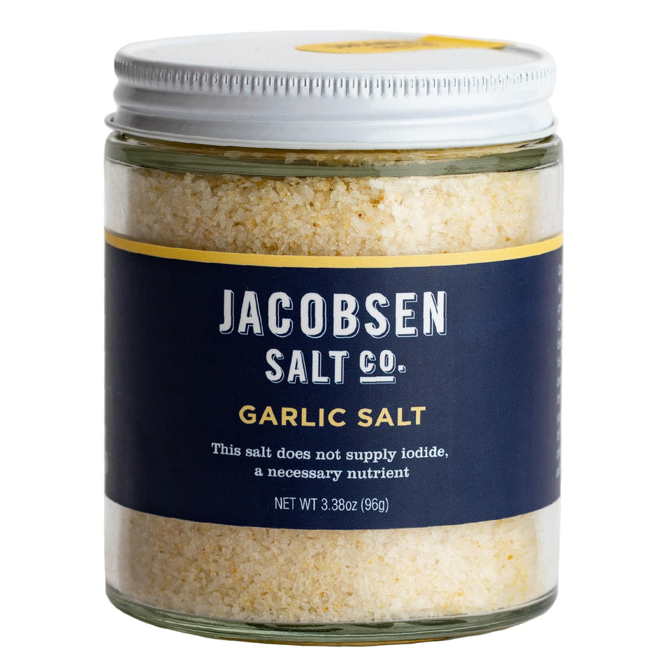 Jacobsen Garlic Salt bottle pour for quick, even seasoning on meals.
