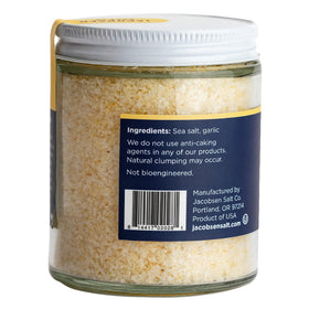 Close-up of Jacobsen Garlic Salt granules highlighting garlic flavor.