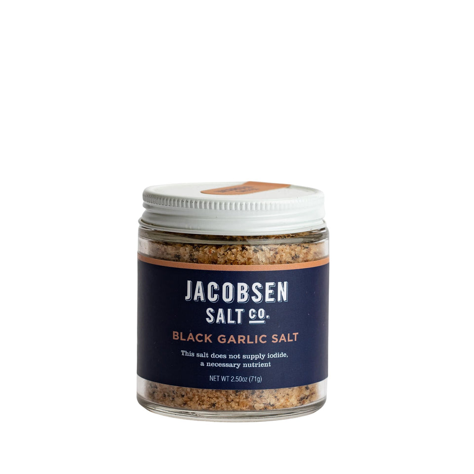 Jacobsen Salt Co. Black Garlic Salt jar adds umami depth to tofu and chicken.