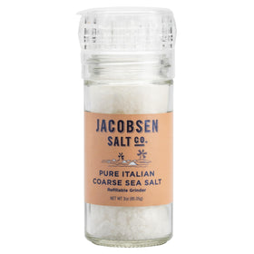 Jacobsen Salt Co. Pure coarse salt grinder close-up for even seasoning and bold flavor.